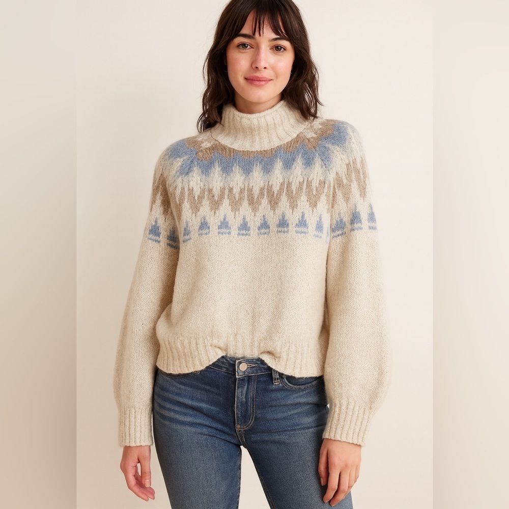 American Eagle Fair Isle Cream Blue Turtleneck Knit Sweater Cozy Winter Size Lg